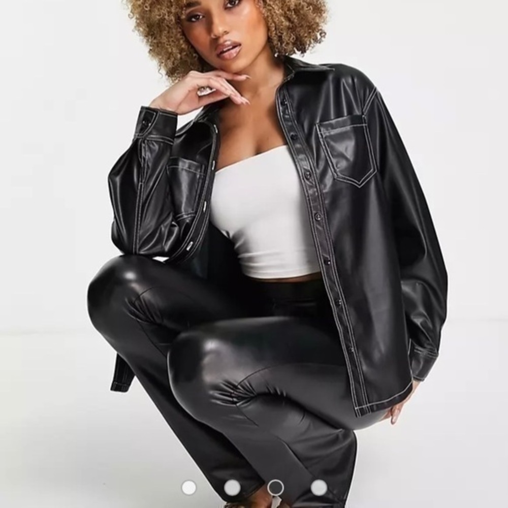 Emory Park Aria Cove leather contrast stitch  shirt in black button jacket